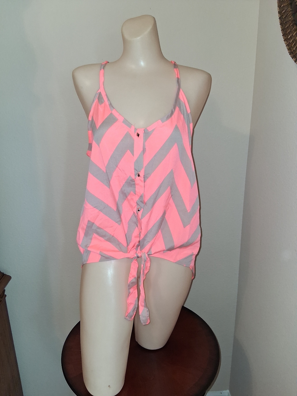 Women's Pink and Gray Chevron Tie-Front Tank Top